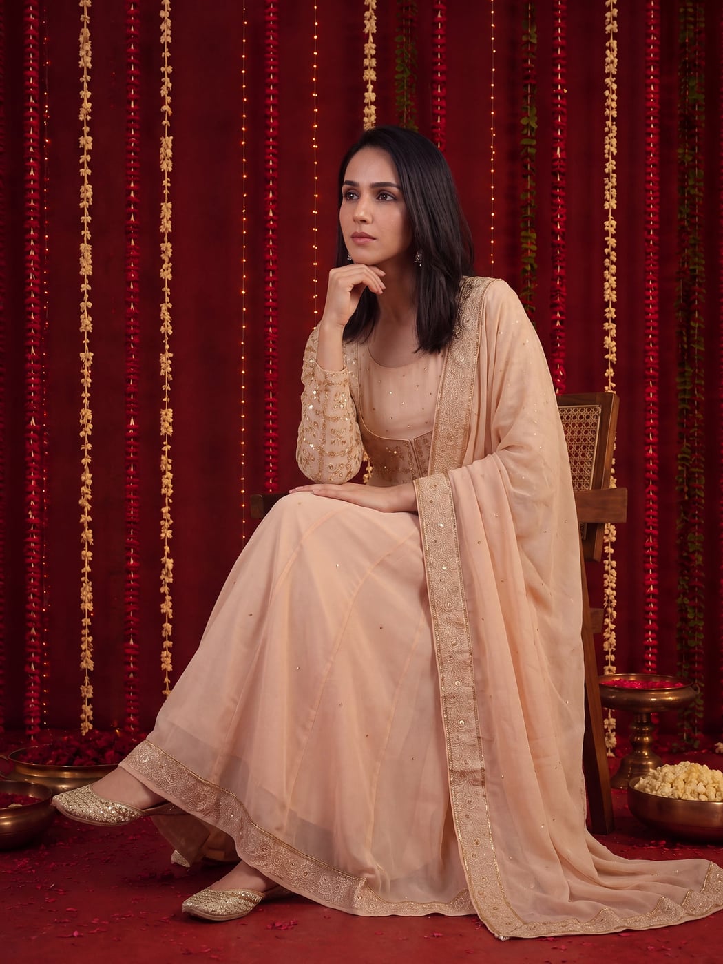 Women Georgette Peach Solid Embroidered Anarkali Dress With
