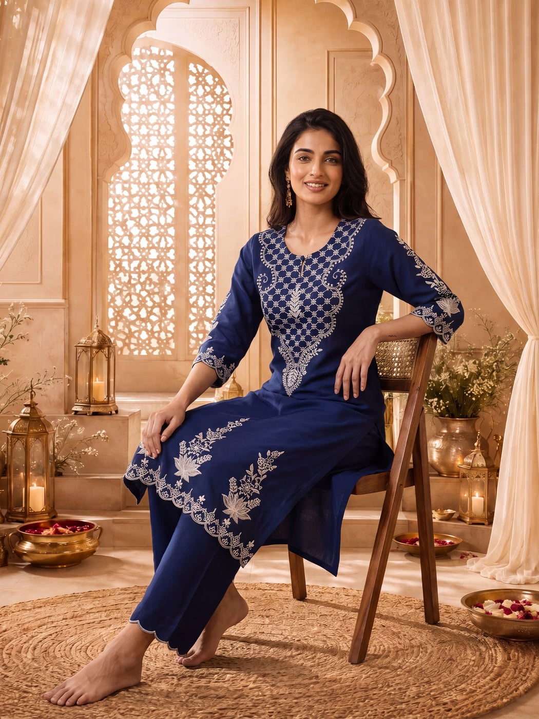 Women Cotton Navy Blue Solid Embroidered Kurta With Comfort