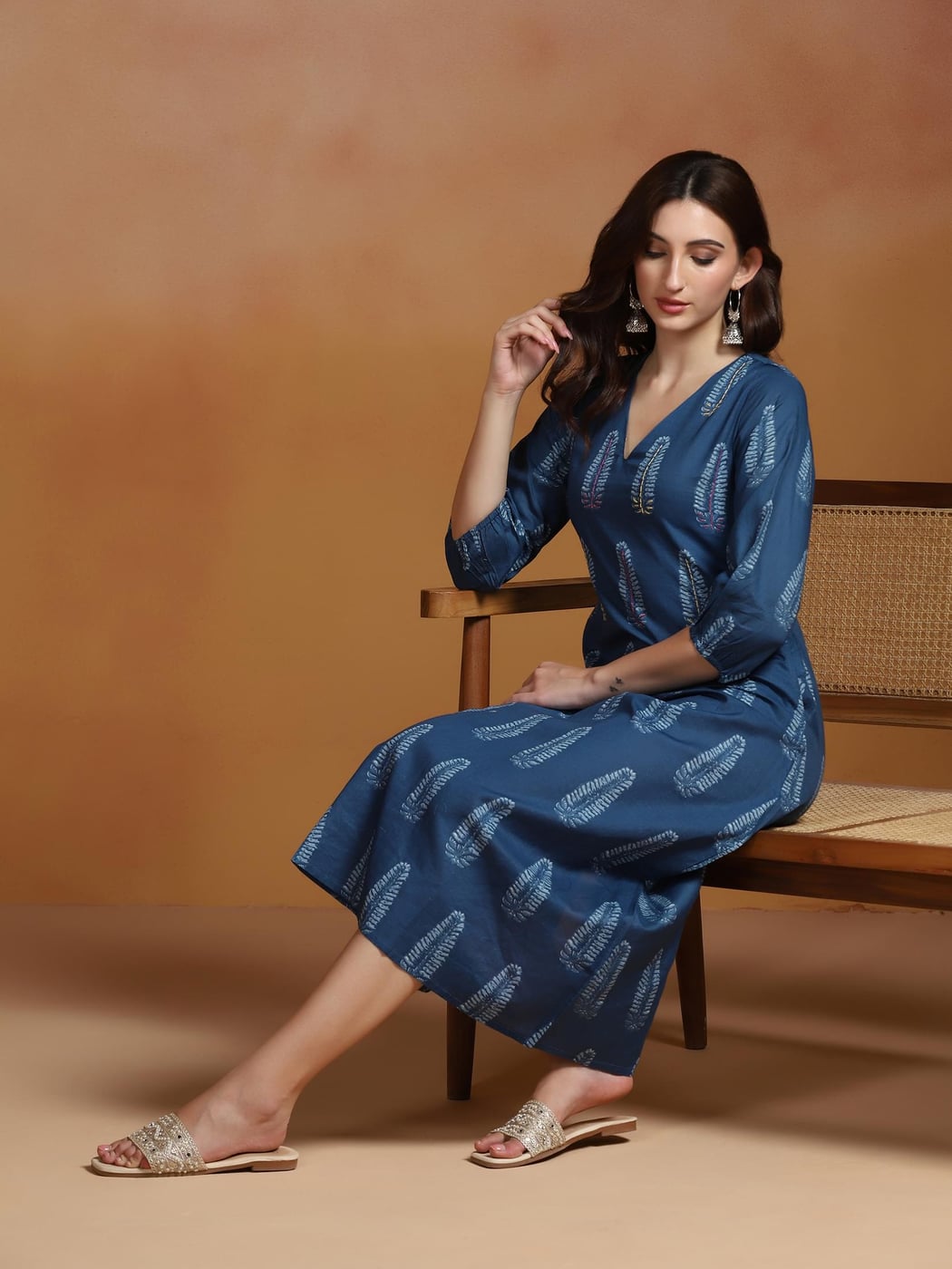 Women Cotton Blue Printed Dress