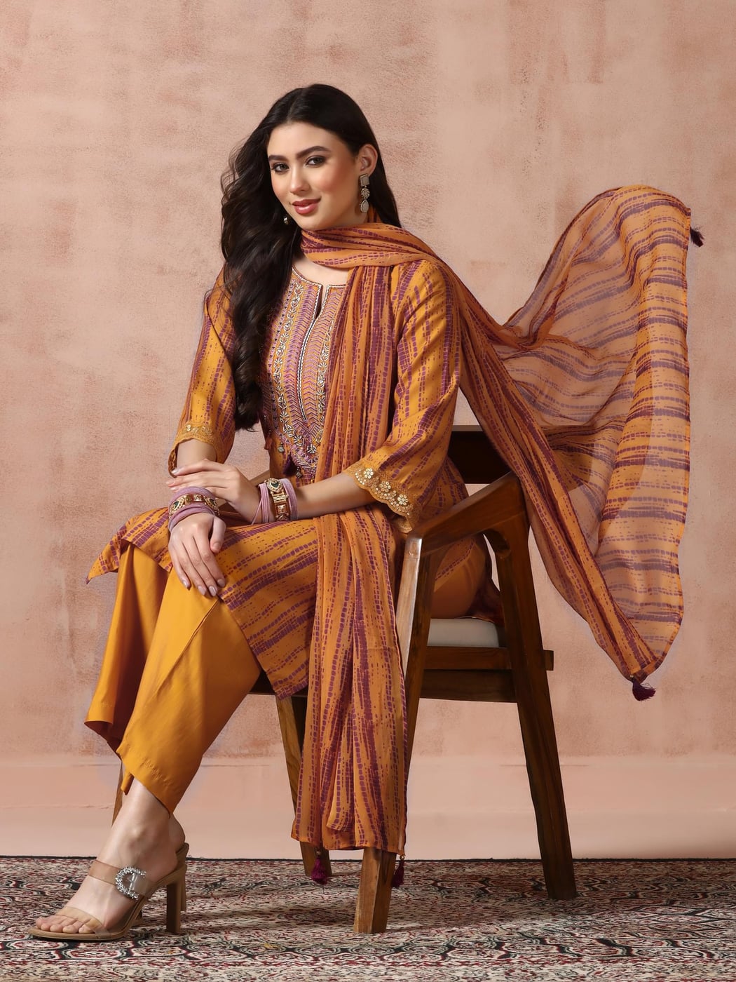 Women Liva Mustard Embroidered Kurta Comfort Pant Dupatta