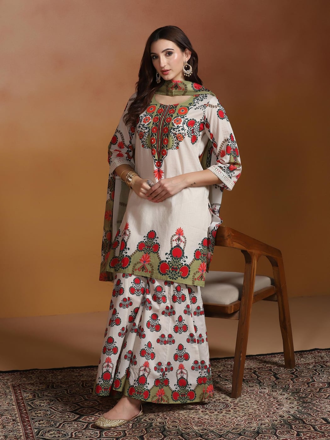 Women Cotton Off White Printed Kurta Sharara Dupatta